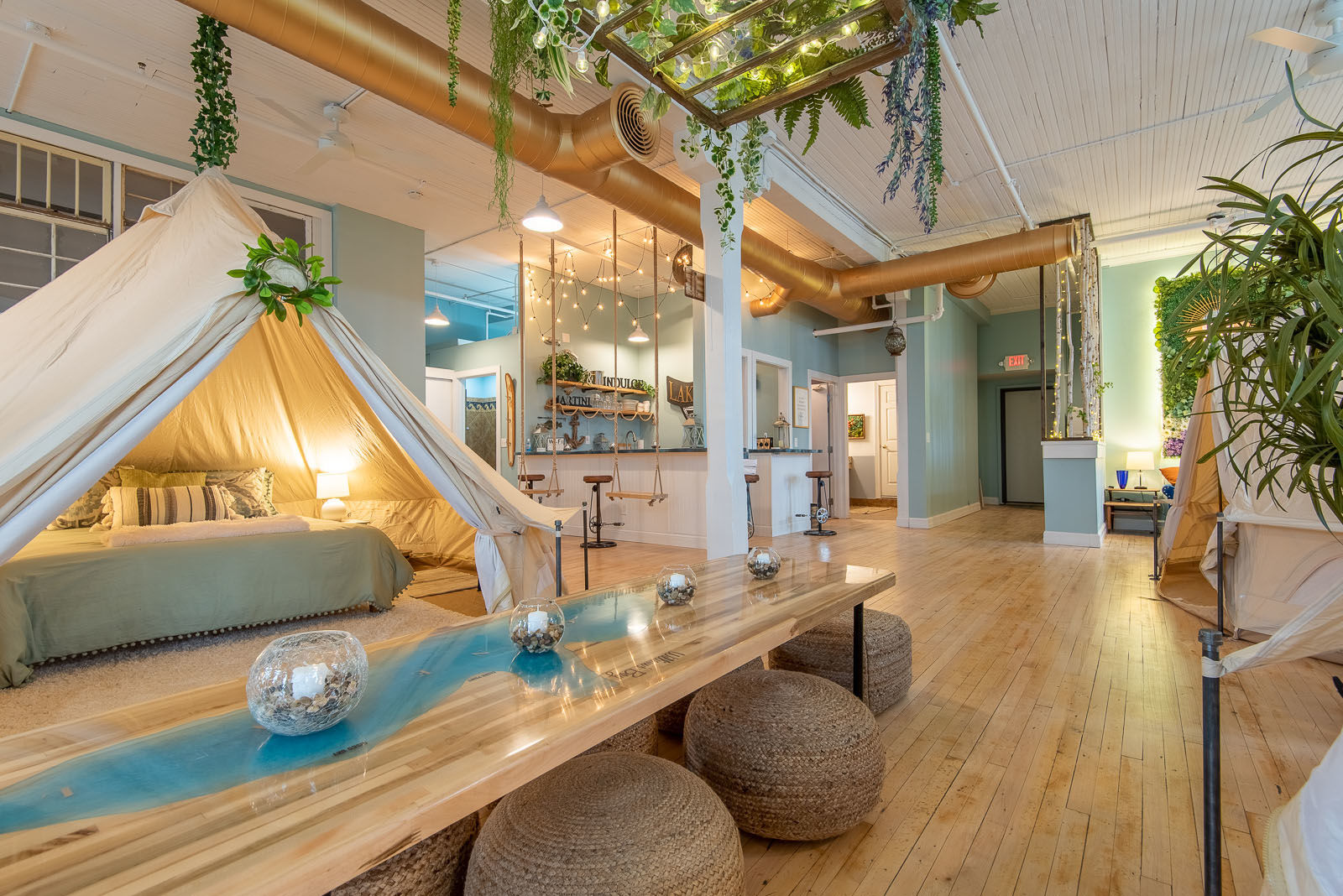 A "glamping" vacation rental property in downtown Lake Geneva features five indoor tents